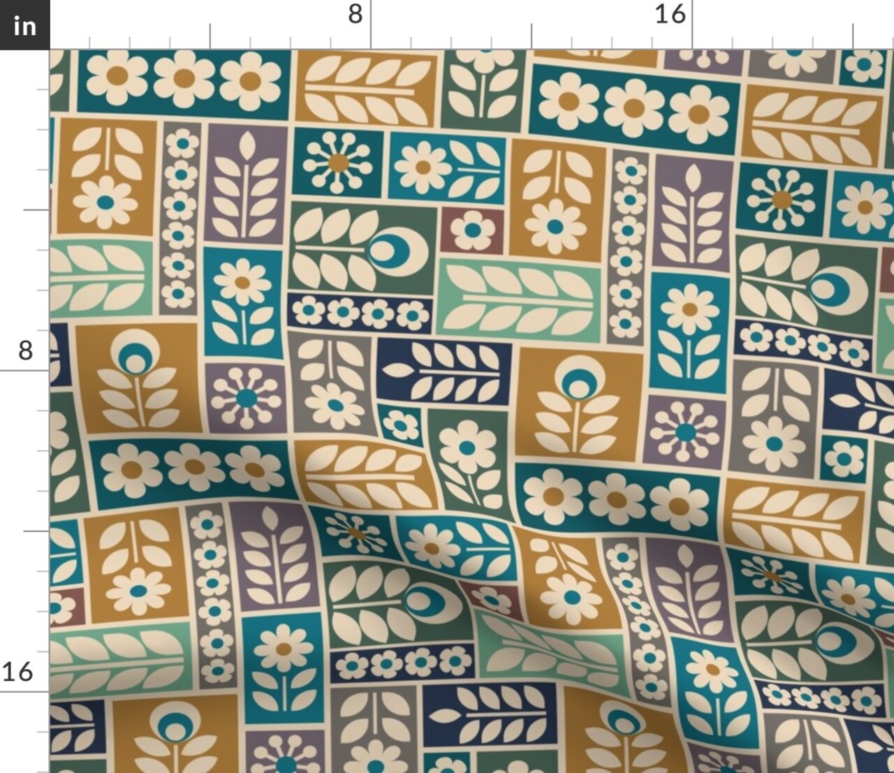 Folk Floral Scandi Botanical Geometric Multicolor Daisy Scandinavian Blue Yellow Custom Printed Fabric by Spoonflower Various Fabrics by the Yard or Fat Quarter